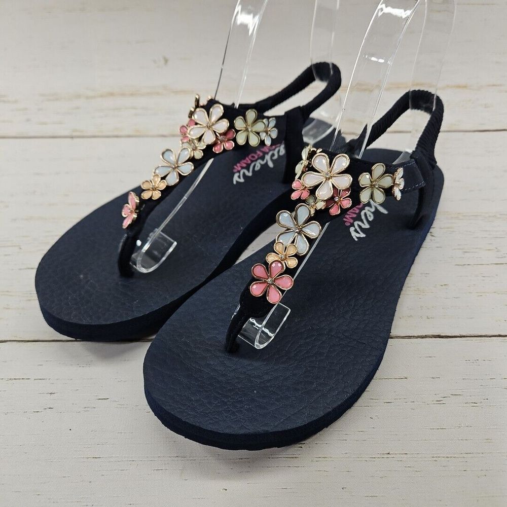 Skechers Cali Meditation Glass Daisy Womens 7 Navy Blue‎ Slingback Thong Sandal